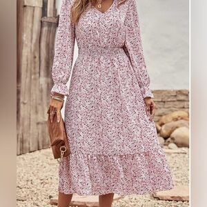 Pink and White Tiered Ruffled Sundress with Bishop Sleeves